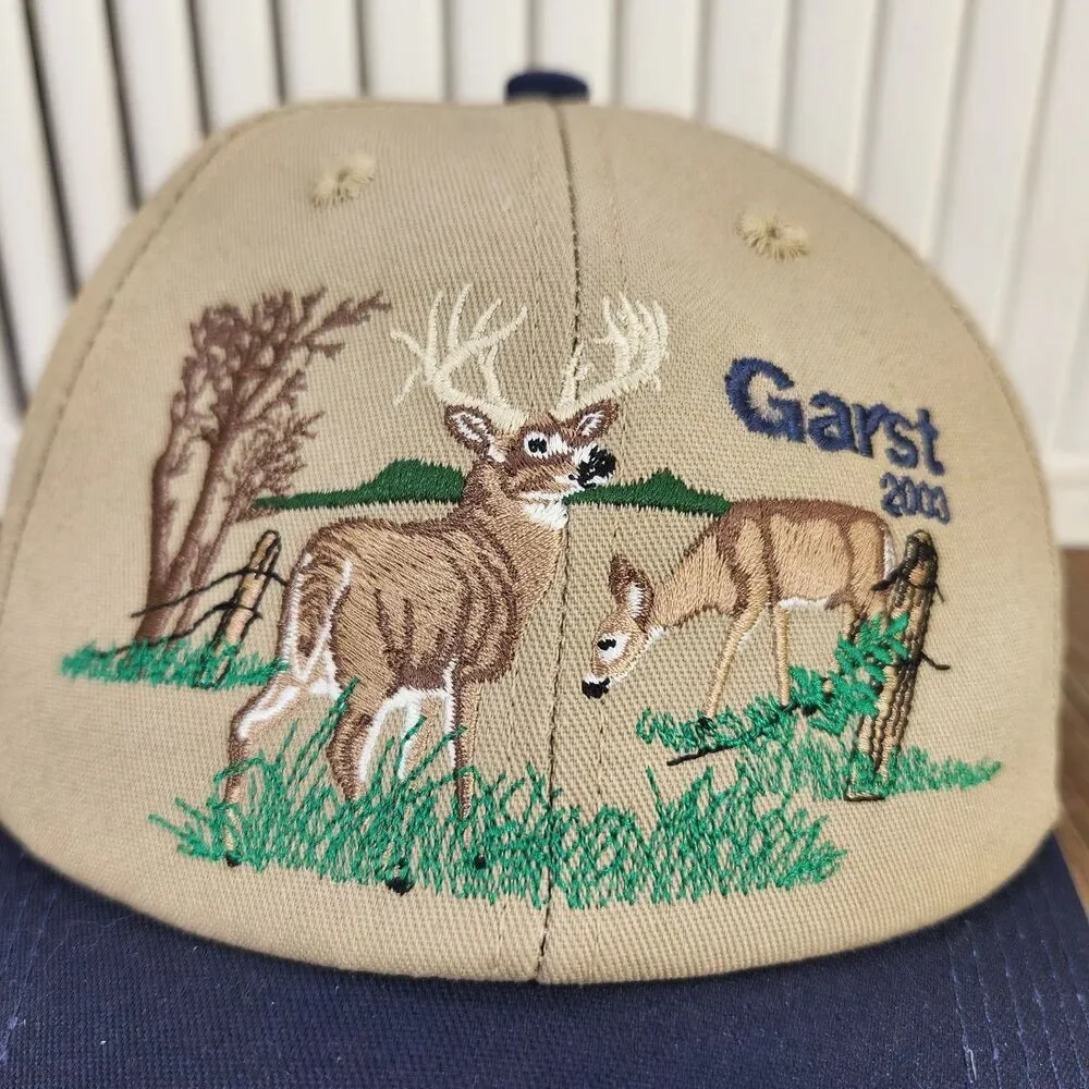 VTG Garst Seed Company 2003 Deer Meadow Snapback Hat Cap Beige Blue Farmer Buck